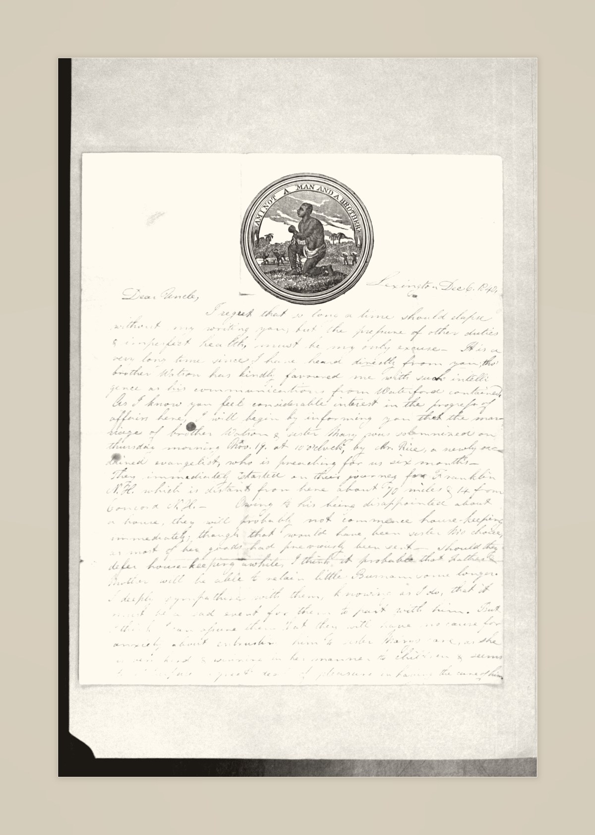 First page of the 1840 Tidd letter, printed with the Am I Not a Man and a Brother anti-slavery emblem
