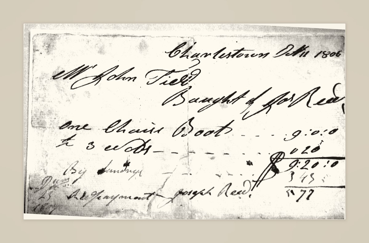 An 1806 Charlestown bill to John Tidd for a chaise boot