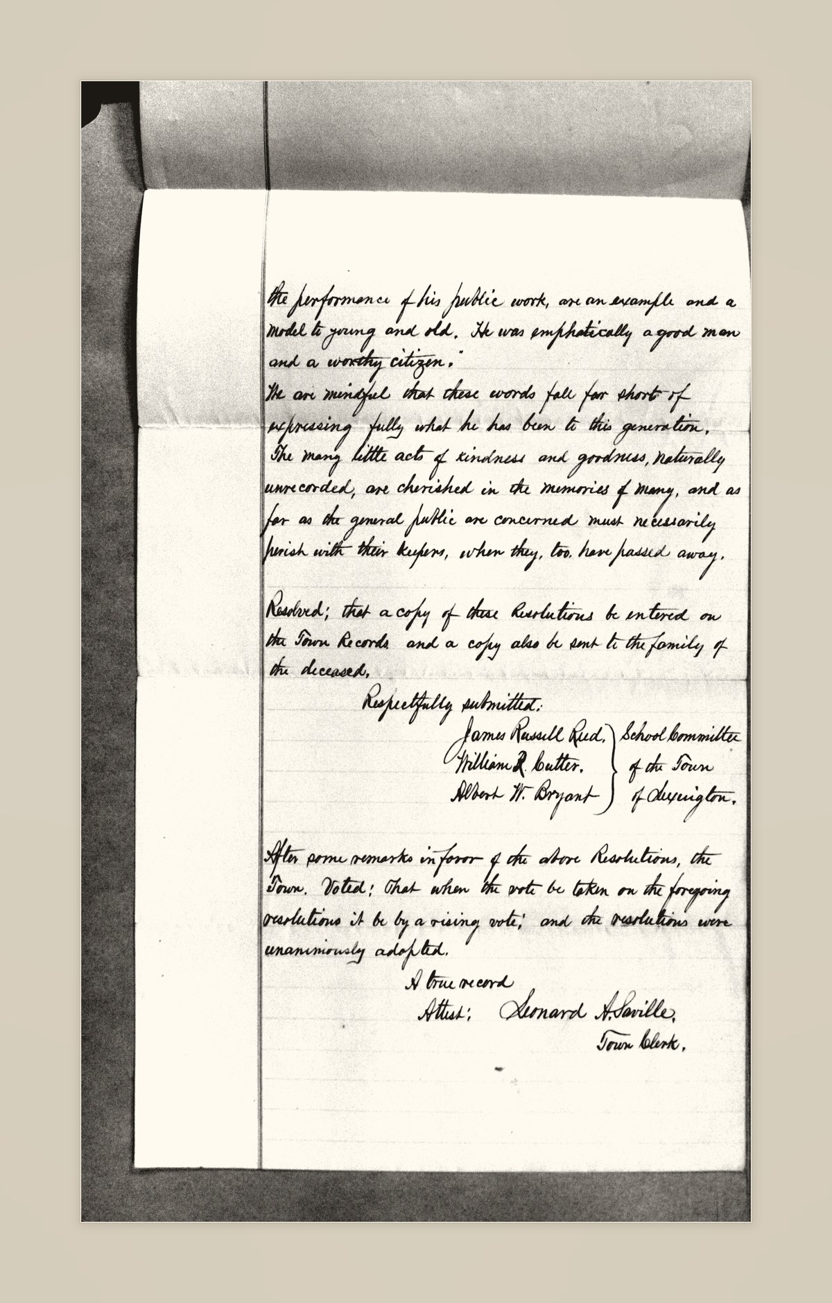 Second page of the 1882 Lexington resolutions, with the signatures